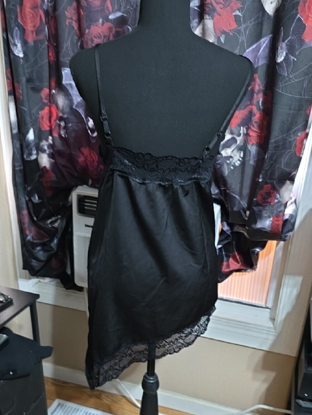 Black Asymetrical Long Lace Trim Satin Camisol - Picture 3 of 9